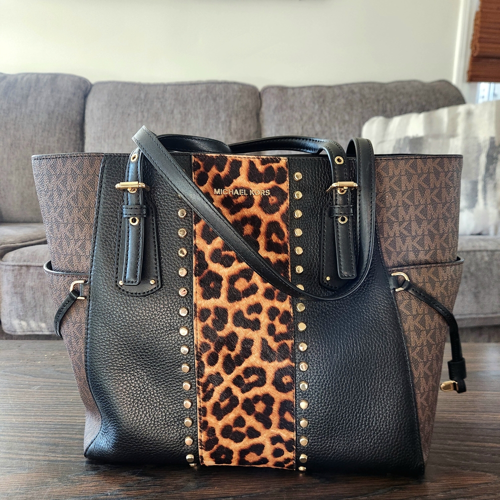 Michael Kors Black and Brown Leopard Print Tote Bag
